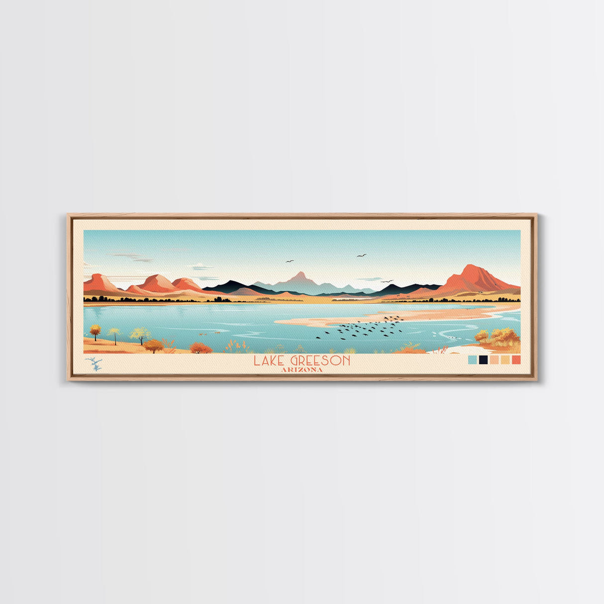 Lake Greeson Arizona Framed Canvas Print, Panoramic Wall Art, Midcentury Modern, Pop Art, Living Room Decor, Travel Poster, Bedroom Art