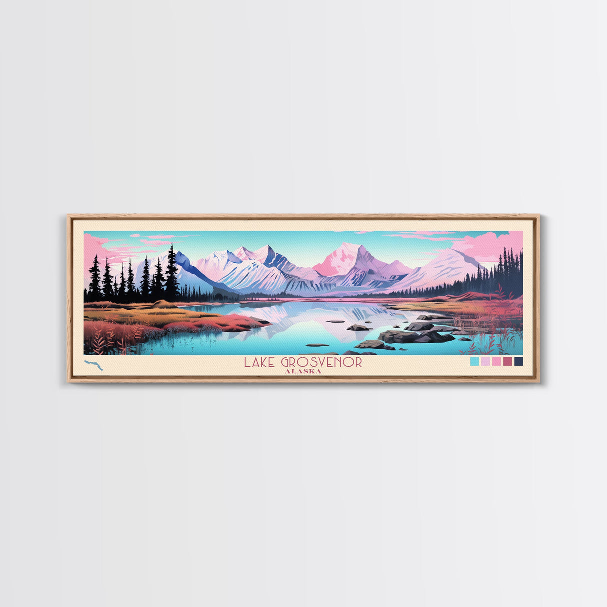 Lake Grosvenor Alaska Framed Canvas Print, Panoramic Wall Art, Midcentury Modern, Pop Art, Lake House Decor, Travel Poster, Bedroom Art