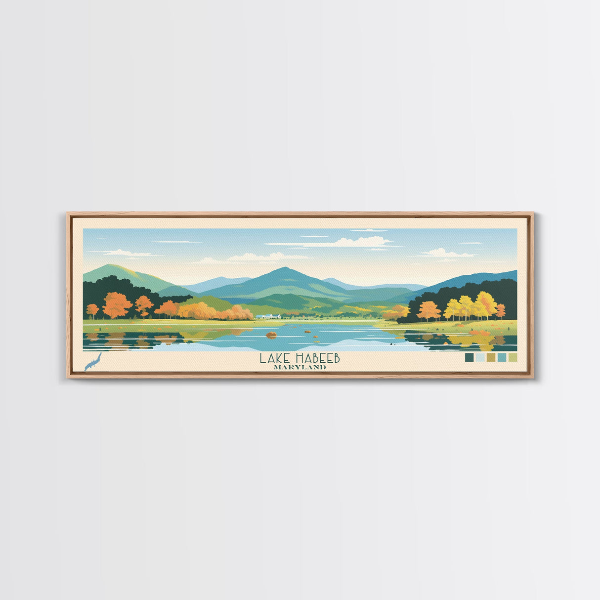 Lake Habeeb Maryland Framed Canvas Print, Panoramic Wall Art, Midcentury Modern, Pop Art, Living Room Decor, Travel Poster, Lake House Art