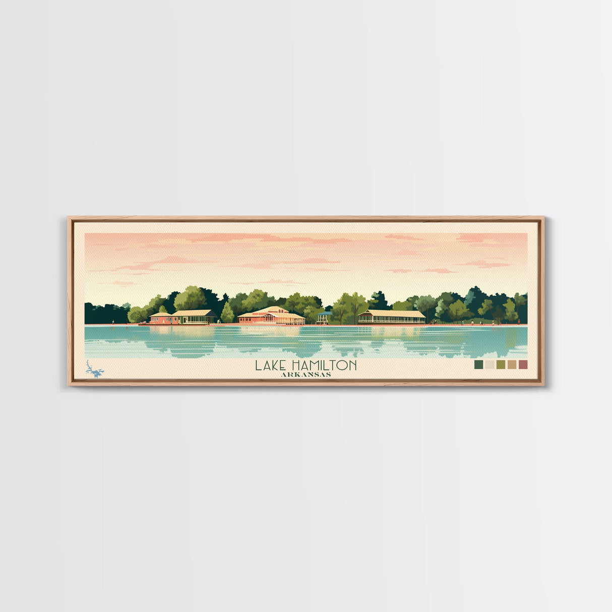 Lake Hamilton Arkansas Framed Canvas Print, Panoramic Wall Art, Midcentury Modern, Pop Art, Bedroom Art, Travel Poster, Living Room Decor