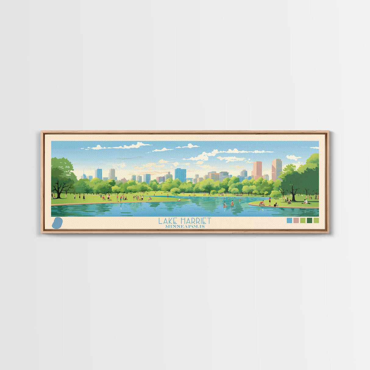 Lake Harriet Minneapolis Framed Canvas Print, Panoramic Wall Art, Midcentury Modern, Pop Art, Lake House Decor, Travel Poster, Living Room Art