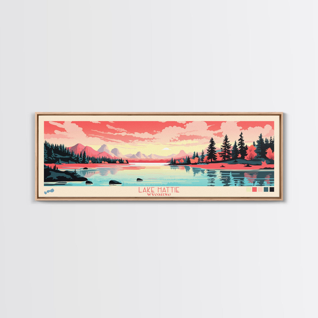 Lake Hattie Wyoming Framed Canvas Print, Panoramic Wall Art, Midcentury Modern, Pop Art, Living Room Decor, Travel Poster, Bedroom Art