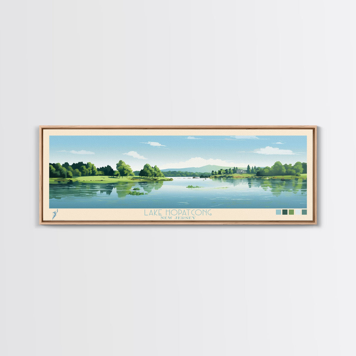 Lake Hopatcong New Jersey Framed Canvas Print, Panoramic Wall Art, Midcentury Modern, Pop Art, Lake House Decor, Travel Poster, Living Room Art