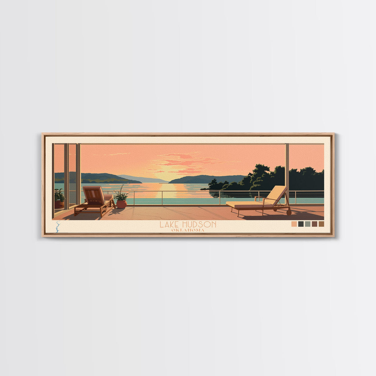 Lake Hudson Oklahoma Framed Canvas Print, Panoramic Wall Art, Midcentury Modern, Pop Art, Lake House Art, Travel Poster, Bedroom Decor