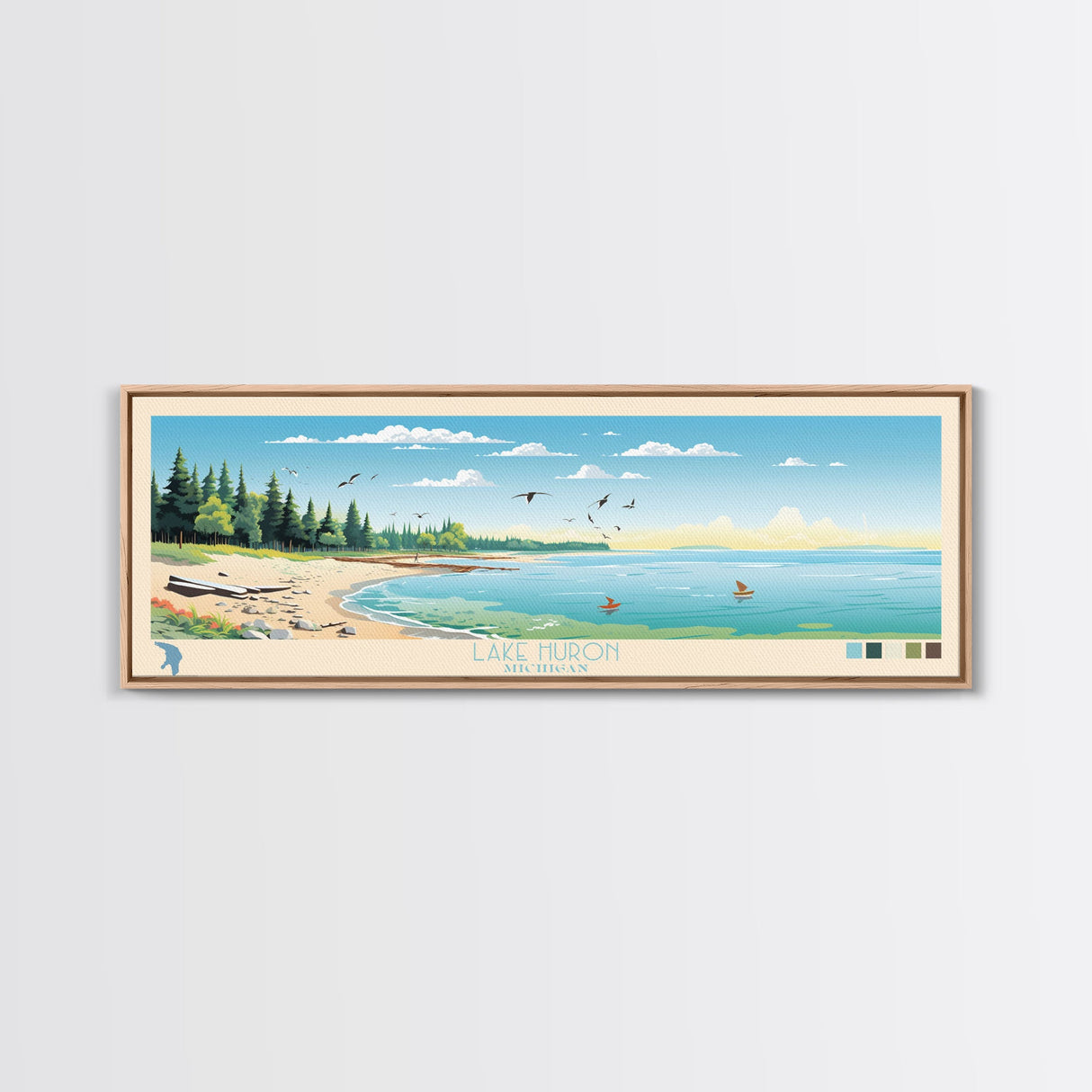 Lake Huron Michigan Framed Canvas Print, Panoramic Wall Art, Midcentury Modern, Pop Art, Living Room Decor, Travel Poster, Bedroom Art