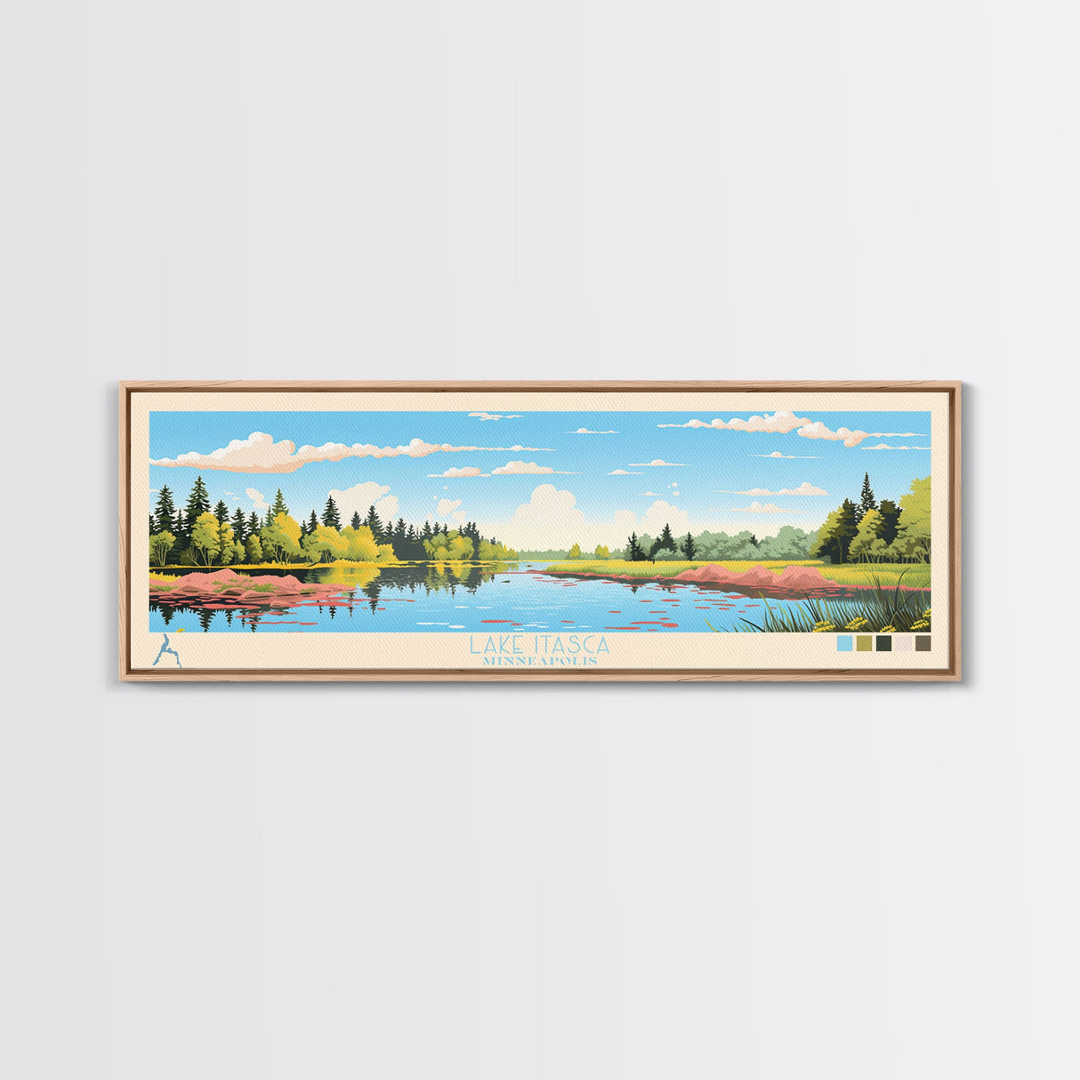 Lake Itasca Minneapolis Framed Canvas Print, Panoramic Wall Art, Midcentury Modern, Pop Art, Lake House Decor, Travel Poster, Bedroom Art