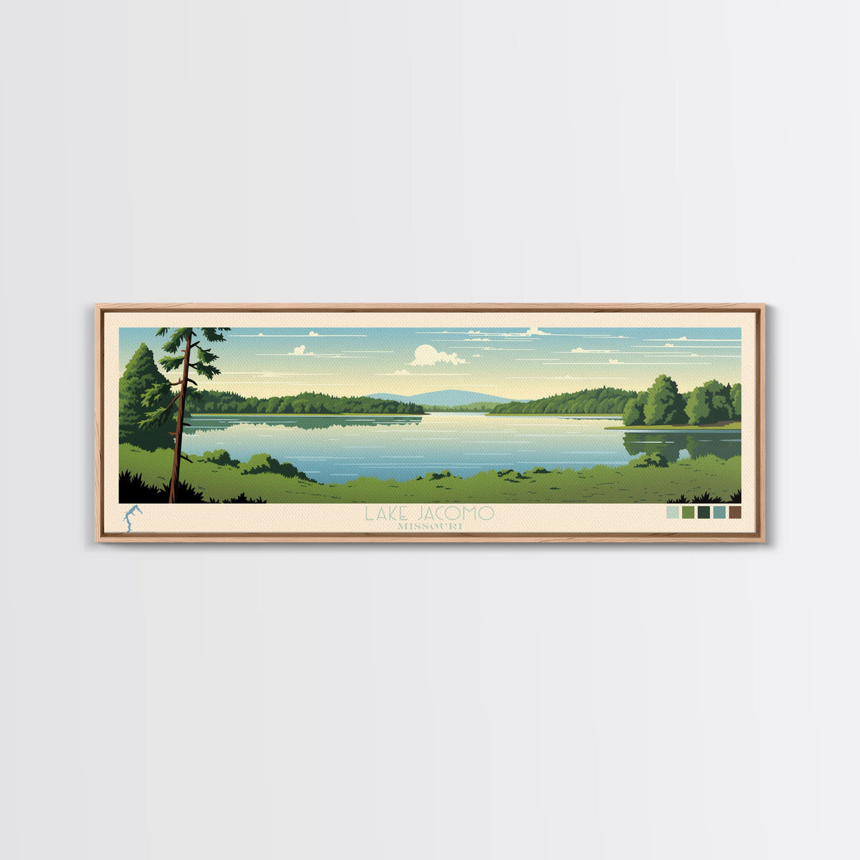 Lake Jacomo Missouri Framed Canvas Print, Panoramic Wall Art, Midcentury Modern, Pop Art, Lake House Decor, Travel Poster, Bedroom Art