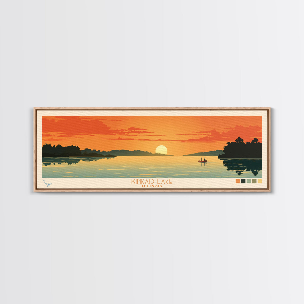 Lake Kinkaid Illinois Framed Canvas Print, Panoramic Wall Art, Midcentury Modern, Pop Art, Lake House Decor, Travel Poster, Bedroom Art