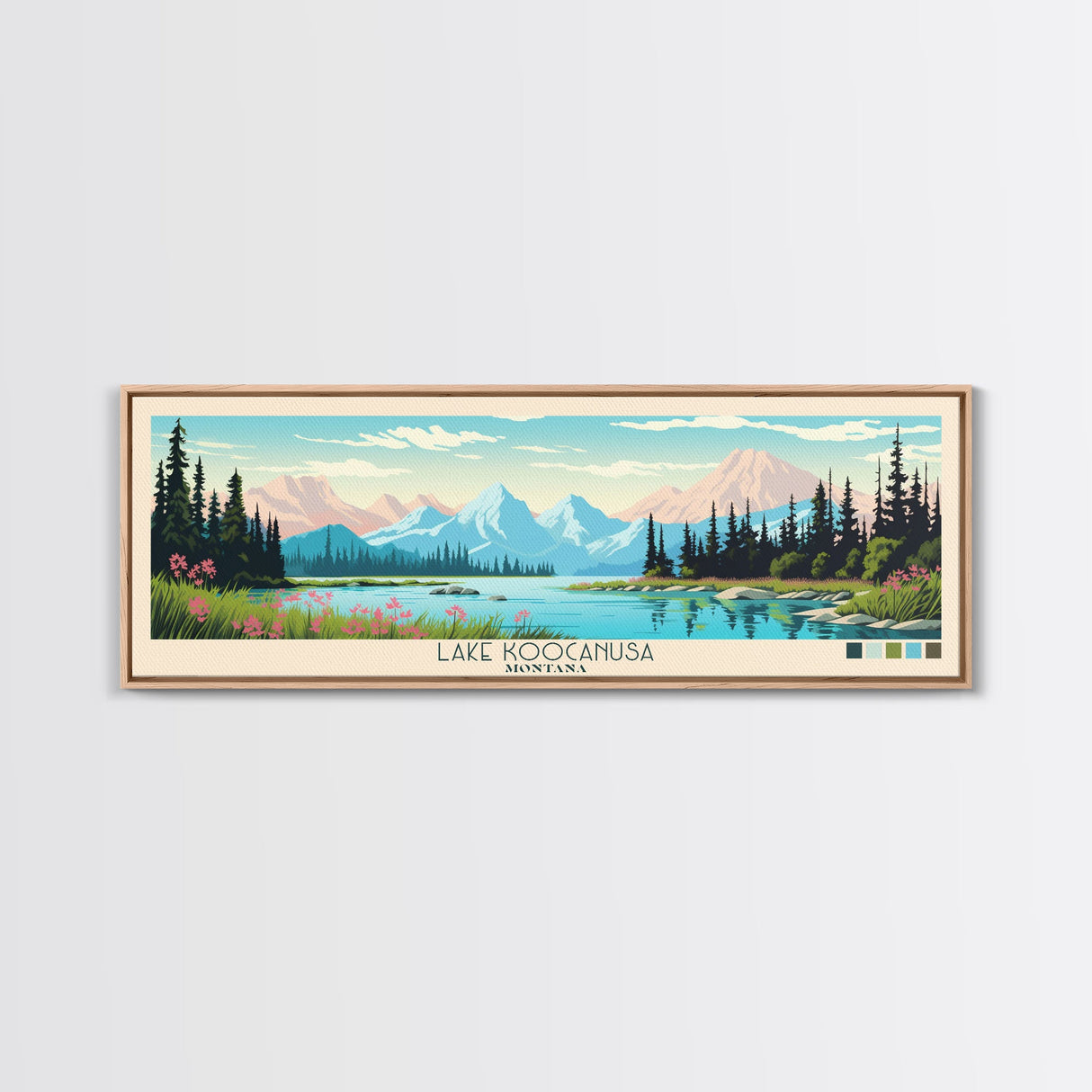 Lake Koocanusa Montana Framed Canvas Print, Panoramic Wall Art, Midcentury Modern, Pop Art, Living Room Decor, Travel Poster, Bedroom Art