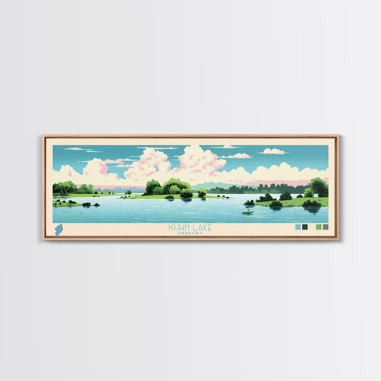 Lake Kuhn Indiana Framed Canvas Print, Panoramic Wall Art, Midcentury Modern, Pop Art, Lake House Decor, Travel Poster, Bedroom Art