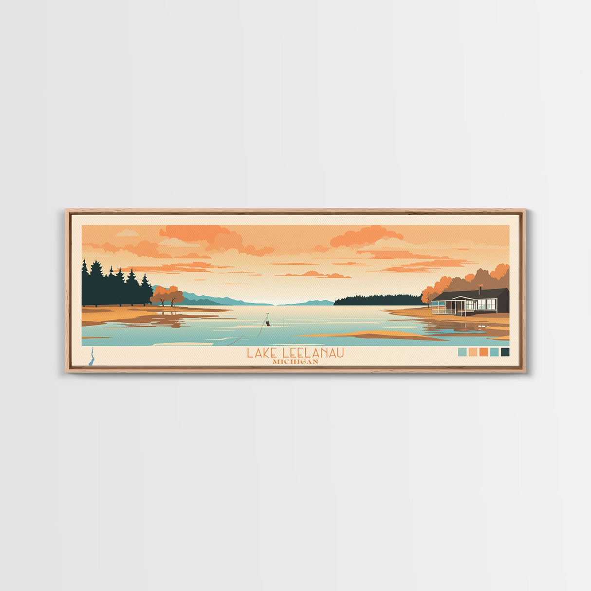 Lake Leelanau Michigan Framed Canvas Print, Panoramic Wall Art, Midcentury Modern, Pop Art, Living Room Decor, Travel Poster, Bedroom Art