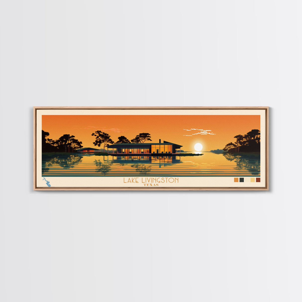 Lake Livingston Texas Framed Canvas Print, Panoramic Wall Art, Midcentury Modern, Pop Art, Bedroom Art, Travel Poster, Lake House Decor