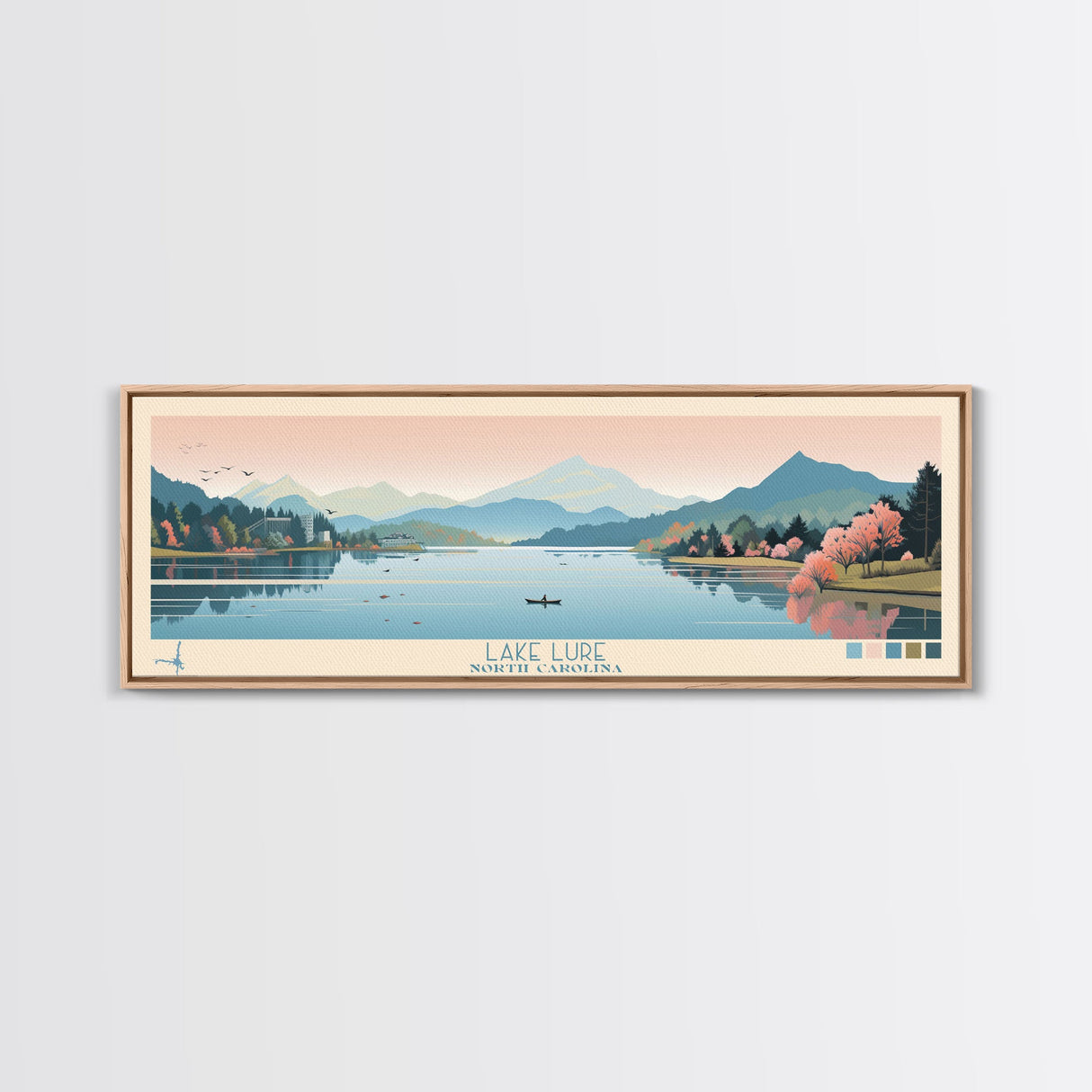 Lake Lure North Carolina Framed Canvas Print, Panoramic Wall Art, Midcentury Modern, Pop Art, Living Room Decor, Travel Poster