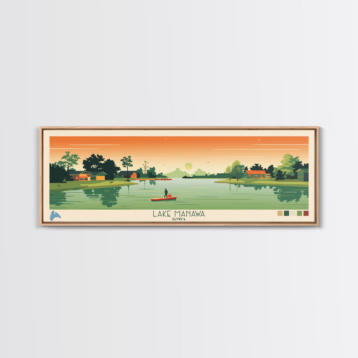 Lake Manawa Iowa Framed Canvas Print, Panoramic Wall Art, Midcentury Modern, Pop Art, Living Room Decor, Travel Poster