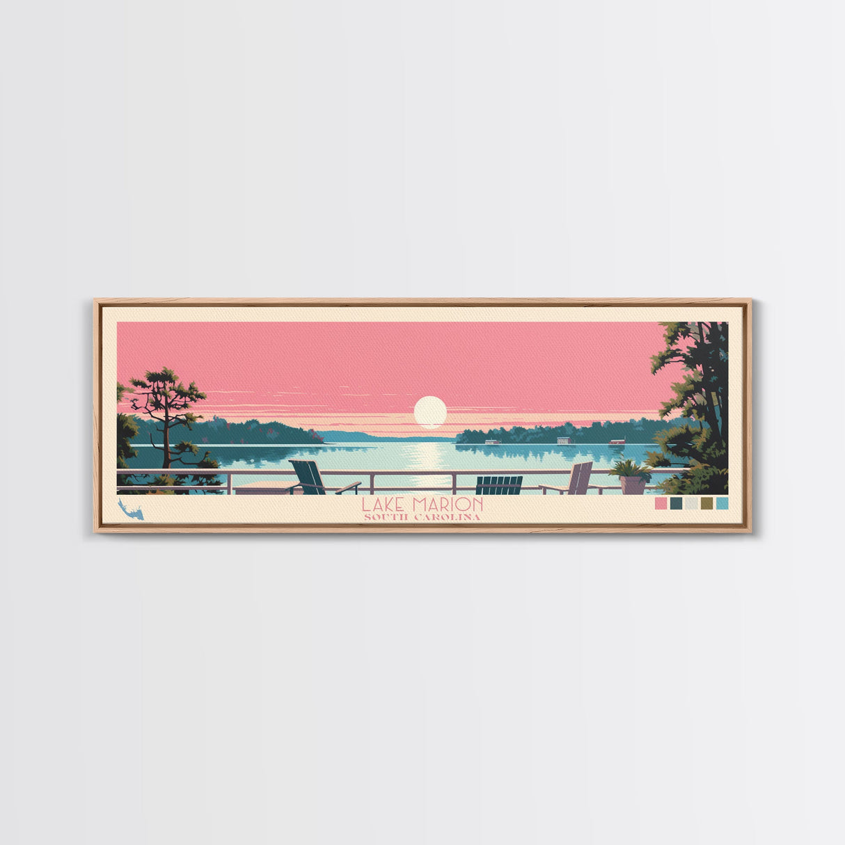 Lake Marion South Carolina Framed Canvas Print, Panoramic Wall Art, Midcentury Modern, Pop Art, Living Room Decor, Travel Poster