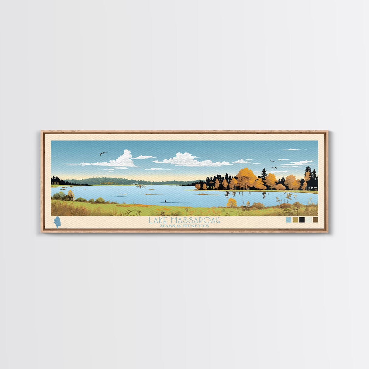 Lake Massapoag Massachusetts Framed Canvas Print, Panoramic Wall Art, Midcentury Modern, Pop Art, Living Room Decor, Travel Poster