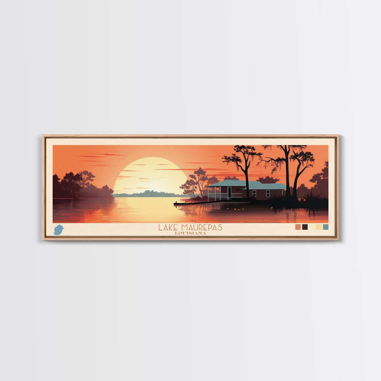 Lake Maurepas Louisiana Framed Canvas Print, Panoramic Wall Art, Midcentury Modern, Pop Art, Bedroom Art, Travel Poster, Lake House Decor