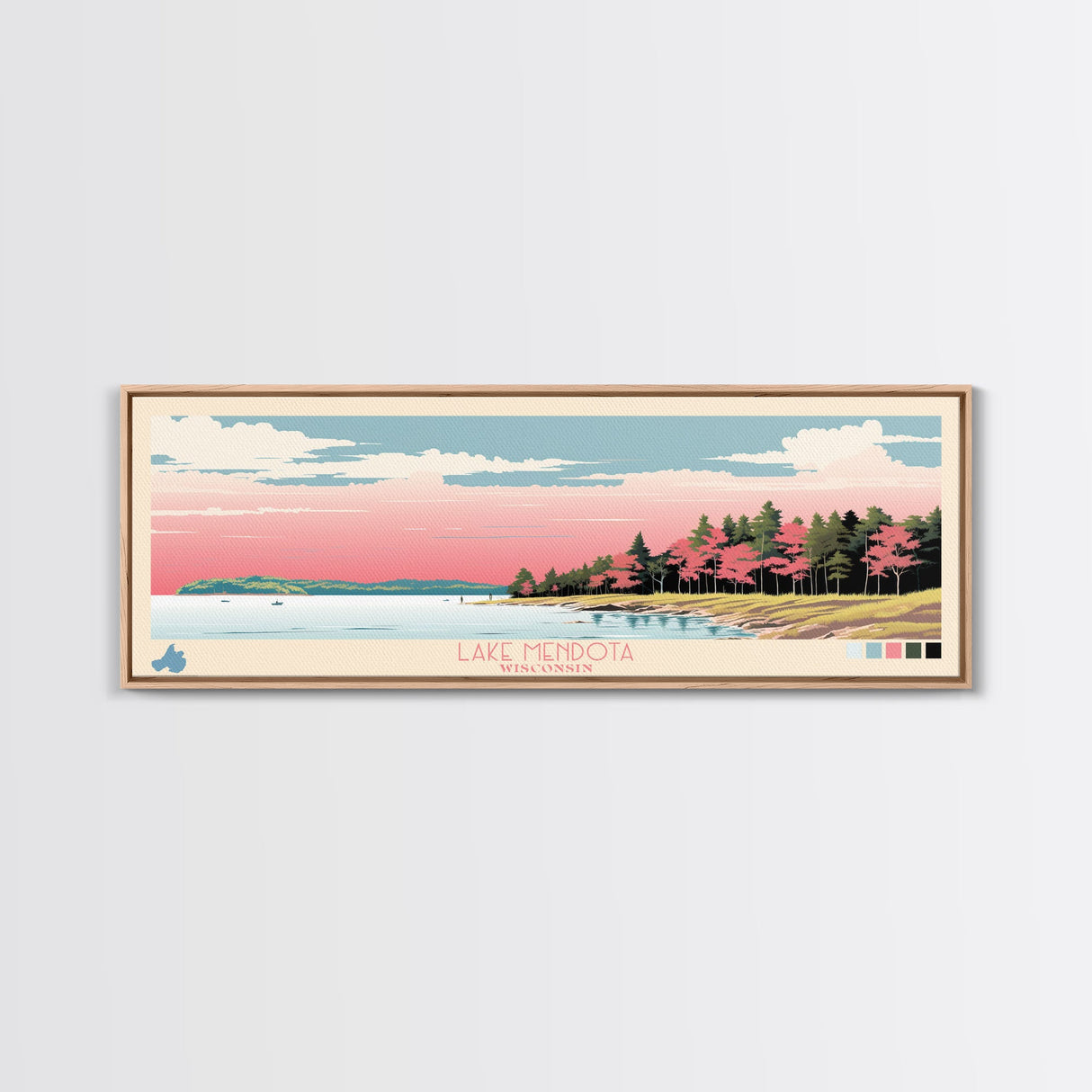 Lake Mendota Wisconsin Framed Canvas Print, Panoramic Wall Art, Midcentury Modern, Pop Art, Living Room Decor, Travel Poster