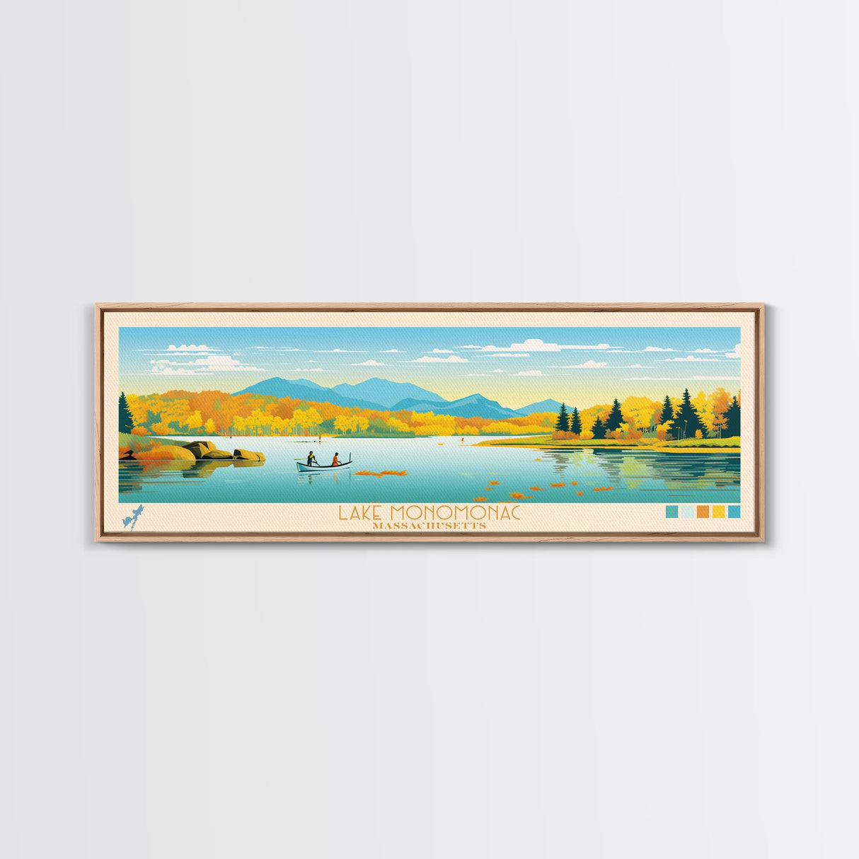 Lake Monomonac Massachusetts Framed Canvas Print, Panoramic Wall Art, Midcentury Modern, Pop Art, Bedroom Art, Travel Poster, Lake House Decor