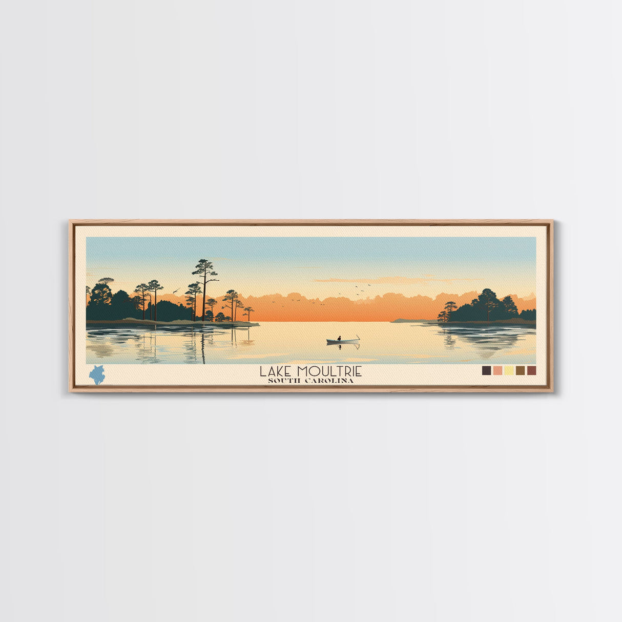 Lake Moultrie South Carolina Framed Canvas Print, Panoramic Wall Art, Midcentury Modern, Pop Art, Bedroom Art, Travel Poster, Lake House Decor