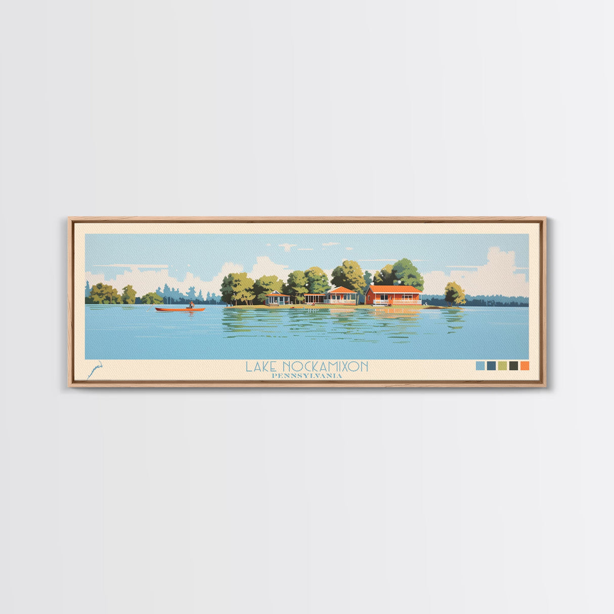 Lake Nockamixon Pennsylvania Framed Canvas Print, Panoramic Wall Art, Midcentury Modern, Pop Art, Living Room Decor, Travel Poster, Lake House Art