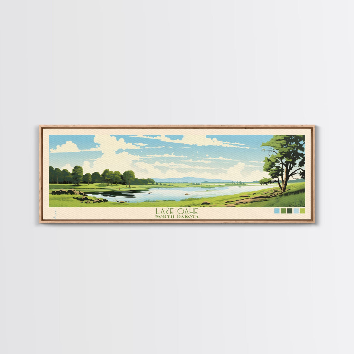 Lake Oahe North Dakota Framed Canvas Print, Panoramic Wall Art, Midcentury Modern, Pop Art, Bedroom Art, Travel Poster, Lake House Decor