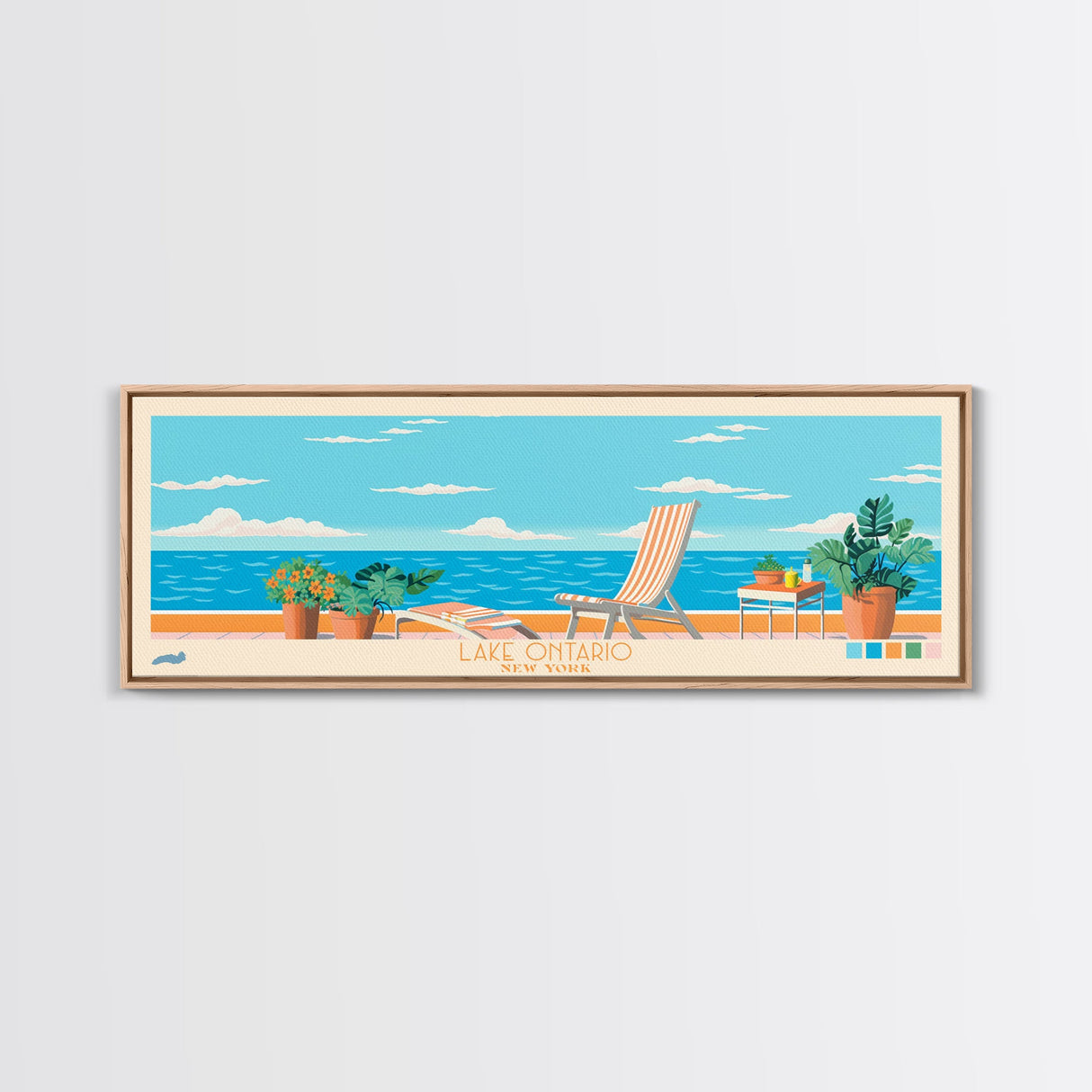 Lake Ontario New York Framed Canvas Print, Panoramic Wall Art, Midcentury Modern, Pop Art, Bedroom Art, Travel Poster, Lake House Decor