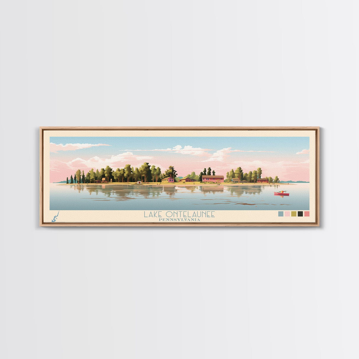 Lake Ontelaunee Pennsylvania Framed Canvas Print, Panoramic Wall Art, Midcentury Modern, Pop Art, Living Room Decor, Travel Poster, Lake House Art