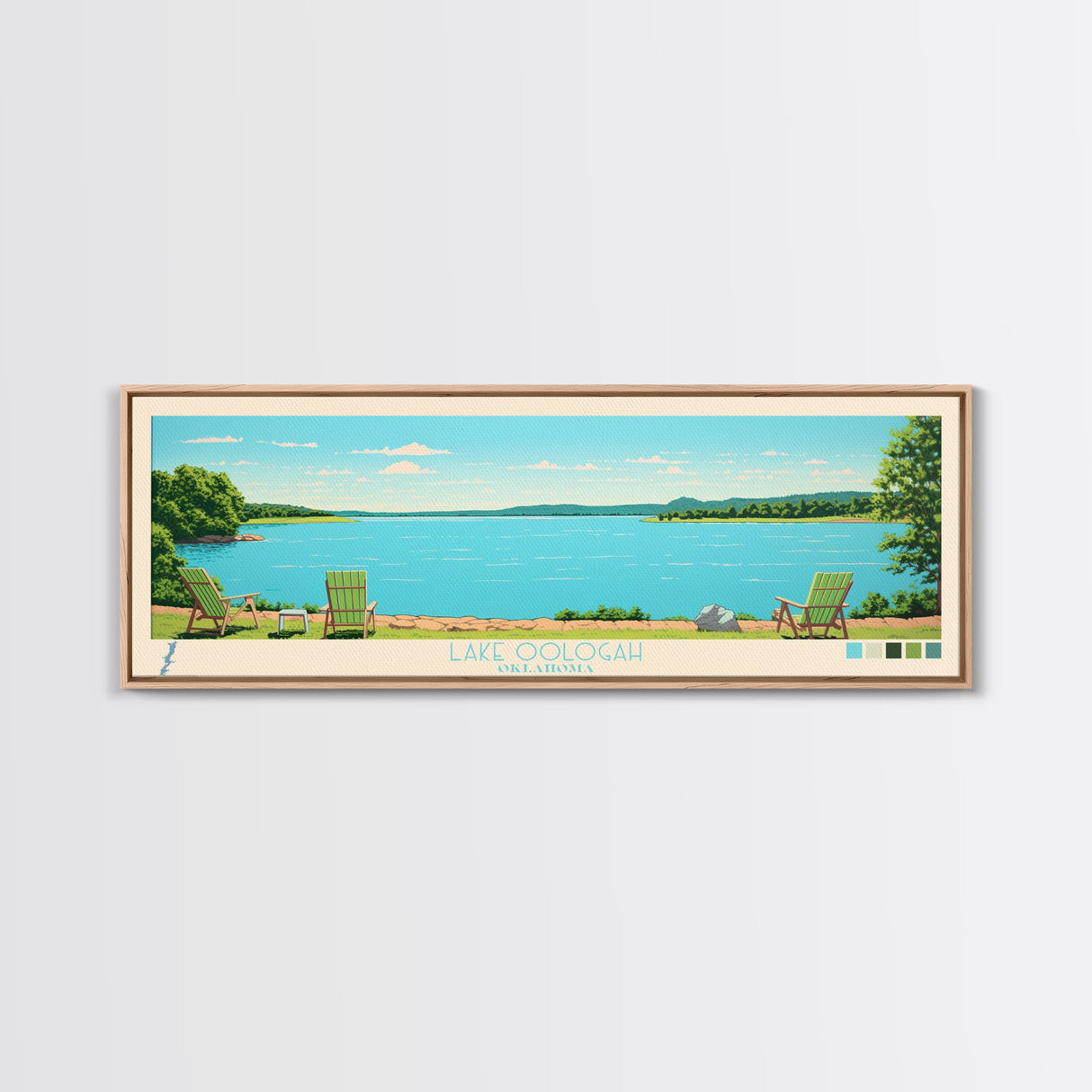 Lake Oologah Oklahoma Framed Canvas Print, Panoramic Wall Art, Midcentury Modern, Pop Art, Bedroom Art, Travel Poster, Lake House Decor