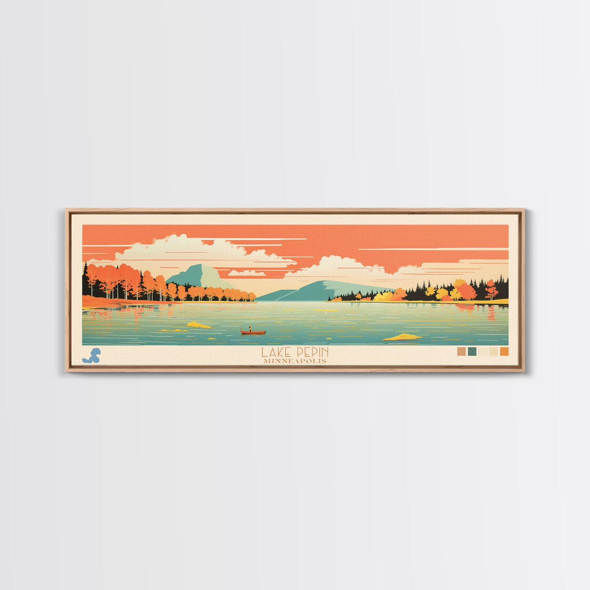 Lake Pepin Minneapolis Framed Canvas Print, Panoramic Wall Art, Midcentury Modern, Pop Art, Bedroom Art, Travel Poster, Lake House Decor