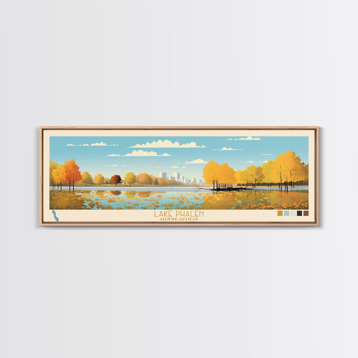 Lake Phalen Minneapolis Framed Canvas Print, Panoramic Wall Art, Midcentury Modern, Pop Art, Living Room Decor, Travel Poster, Lake House Art