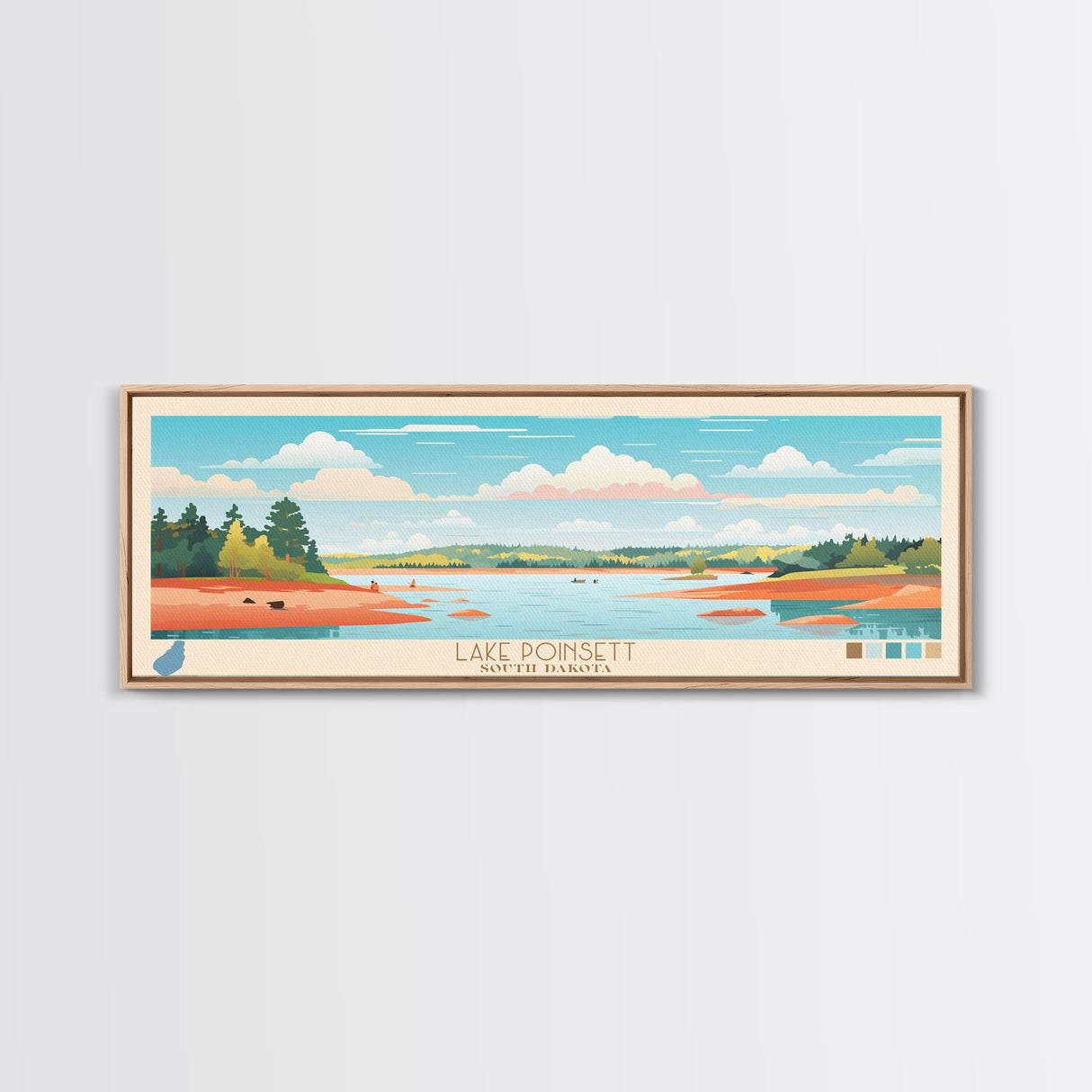 Lake Poinsett South Dakota Framed Canvas Print, Panoramic Wall Art, Midcentury Modern, Pop Art, Bedroom Art, Travel Poster, Lake House Decor