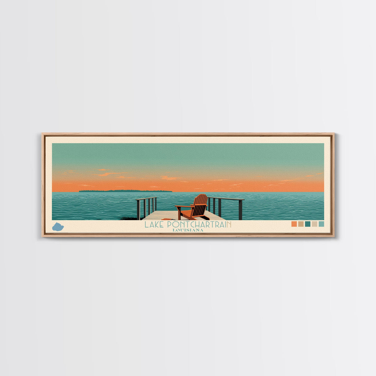 Lake Pontchartrain Louisiana Framed Canvas Print, Panoramic Wall Art, Midcentury Modern, Pop Art, Living Room Decor, Travel Poster, Lake House Art