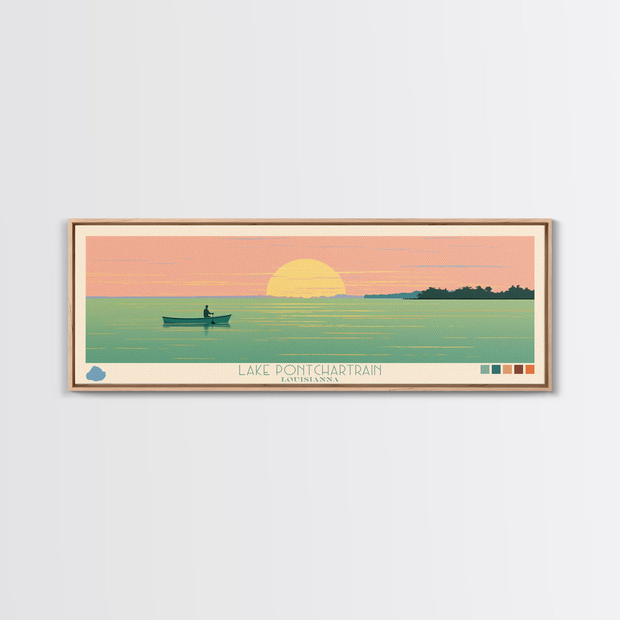 Lake Pontchartrain Louisiana Framed Canvas Print, Panoramic Wall Art, Midcentury Modern, Pop Art, Bedroom Art, Travel Poster, Lake House Decor