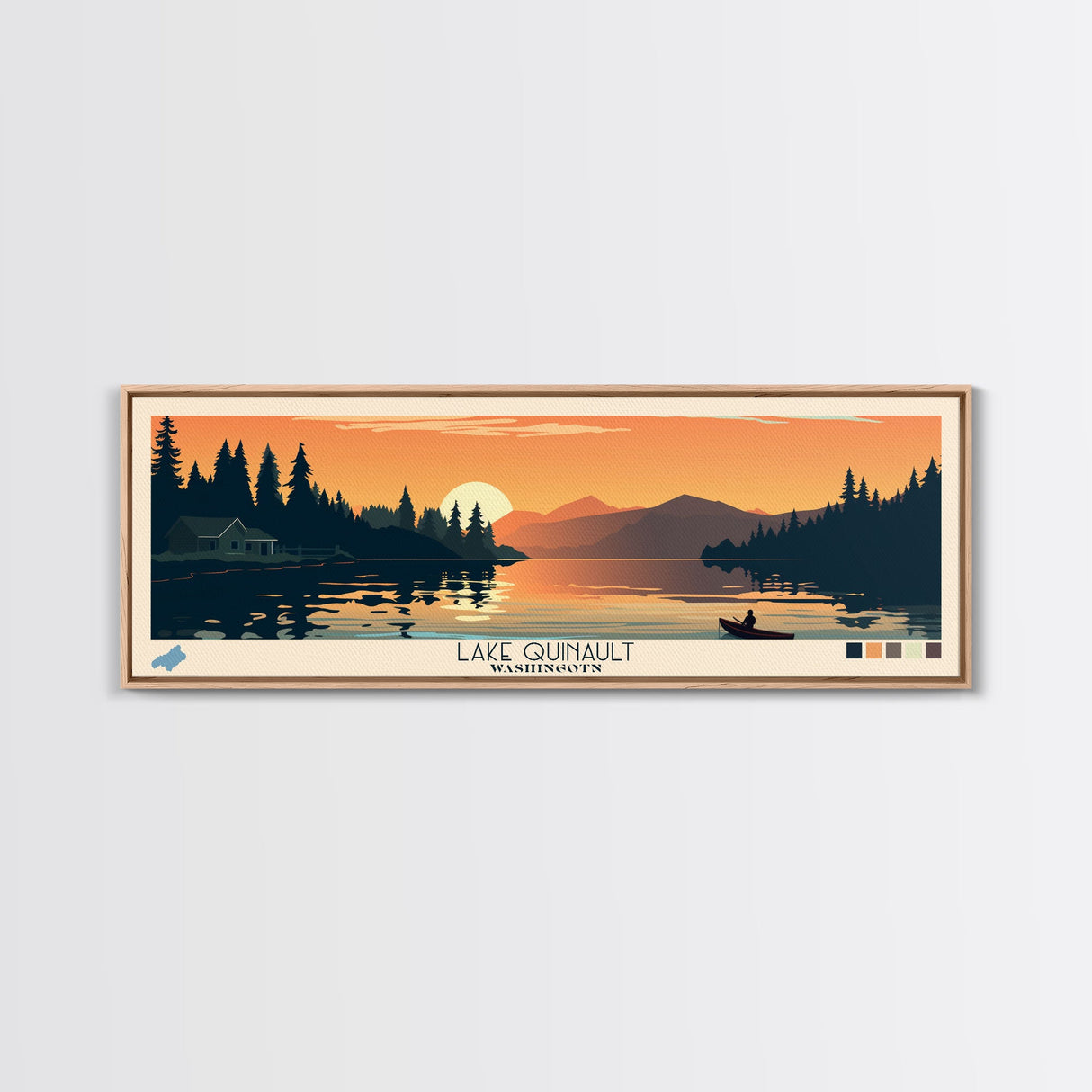 Lake Quinault Washington Framed Canvas Print, Panoramic Wall Art, Midcentury Modern, Pop Art, Living Room Decor, Travel Poster, Lake House Art