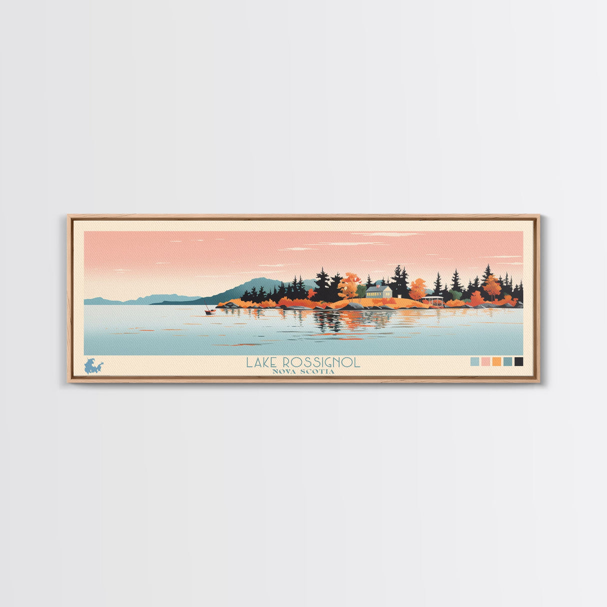 Lake Rossignol Nova Scotia Framed Canvas Print, Panoramic Wall Art, Midcentury Modern, Pop Art, Living Room Decor, Travel Poster, Lake House Art