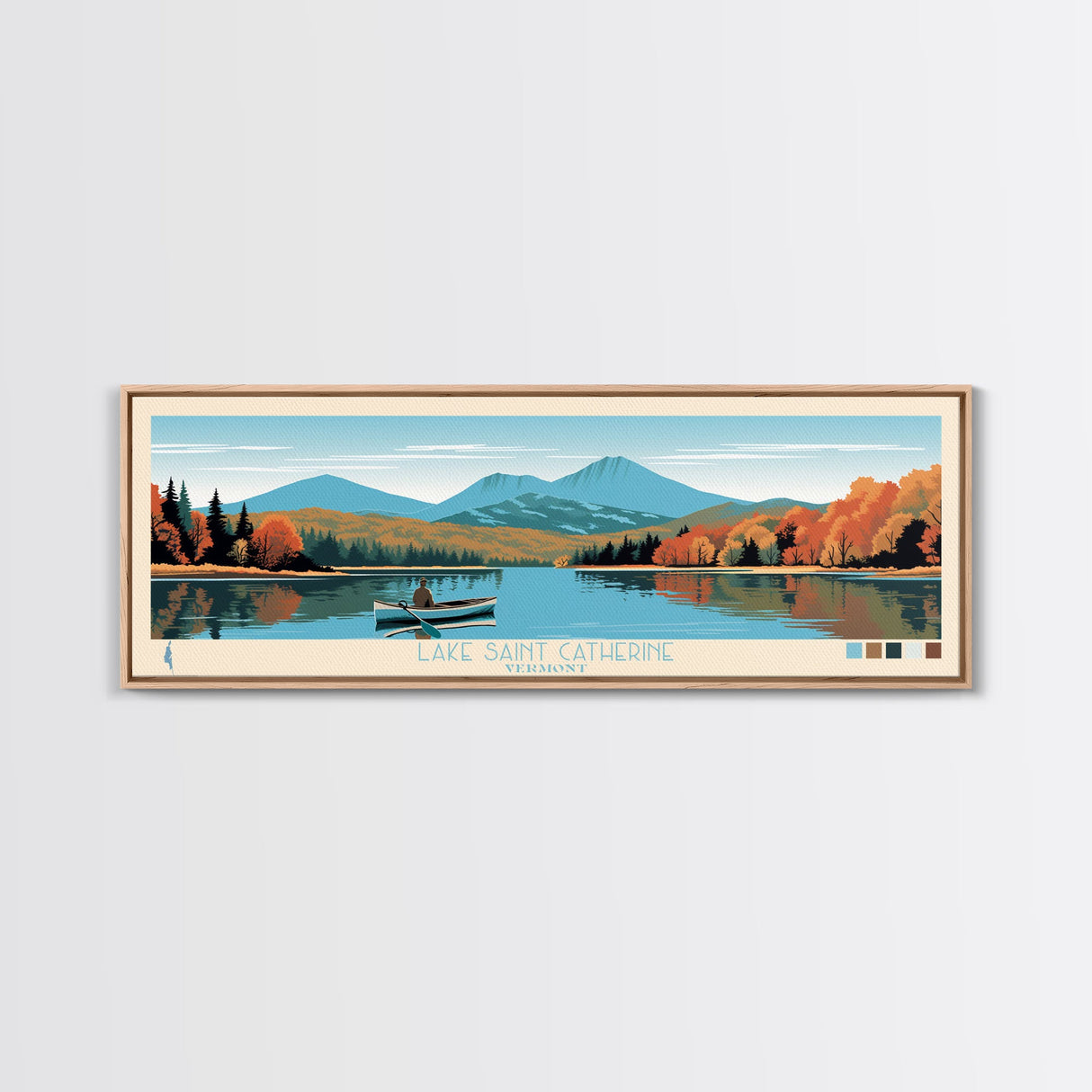 Lake Saint Catherine Vermont Framed Canvas Print, Panoramic Wall Art, Midcentury Modern, Pop Art, Living Room Decor, Travel Poster, Lake House Art