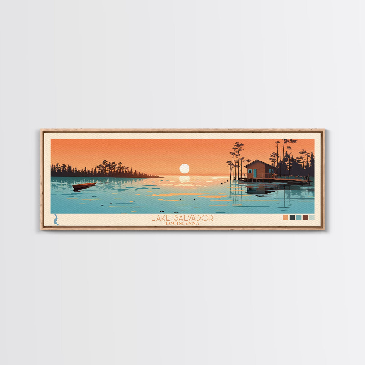 Lake Salvador Louisiana Framed Canvas Print, Panoramic Wall Art, Midcentury Modern, Pop Art, Bedroom Art, Travel Poster, Lake House Decor