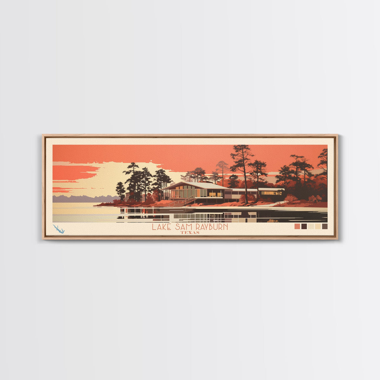 Lake Sam Rayburn Texas Framed Canvas Print, Panoramic Wall Art, Midcentury Modern, Pop Art, Living Room Decor, Travel Poster, Lake House Art