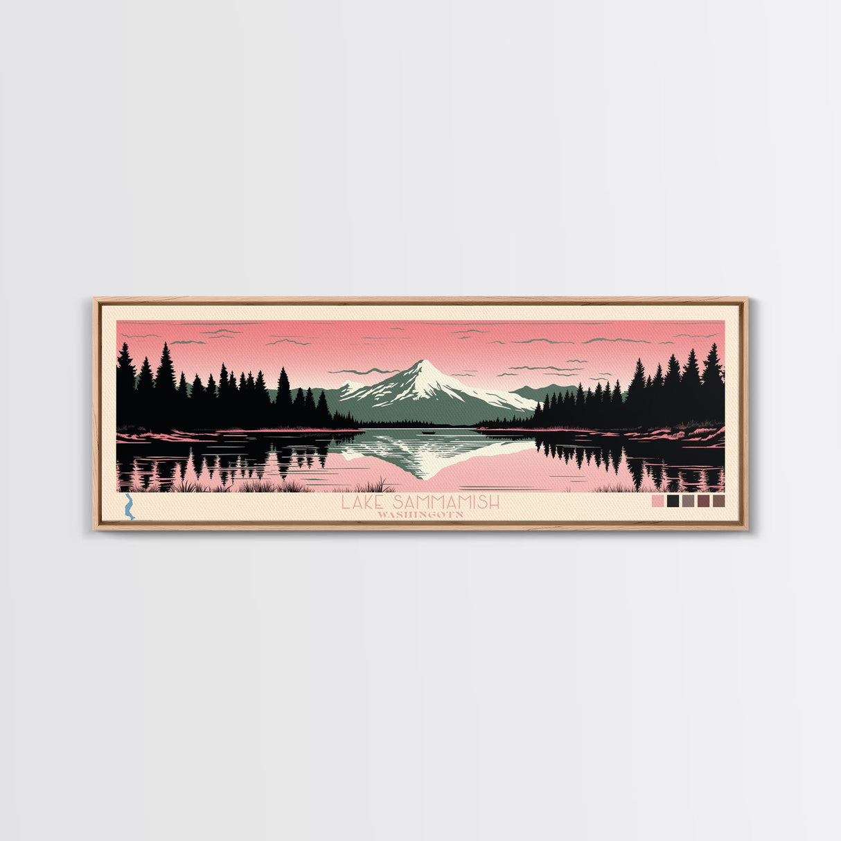 Lake Sammamish Washington Framed Canvas Print, Panoramic Wall Art, Midcentury Modern, Pop Art, Bedroom Art, Travel Poster, Lake House Decor