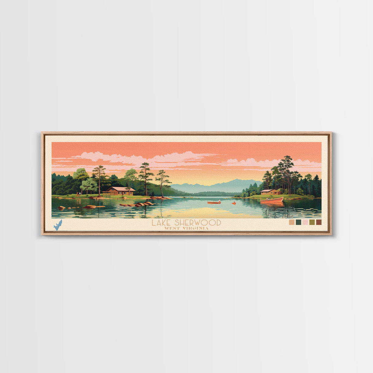 Lake Sherwood West Virginia Framed Canvas Print, Panoramic Wall Art, Midcentury Modern, Pop Art, Living Room Decor, Travel Poster, Lake House Art