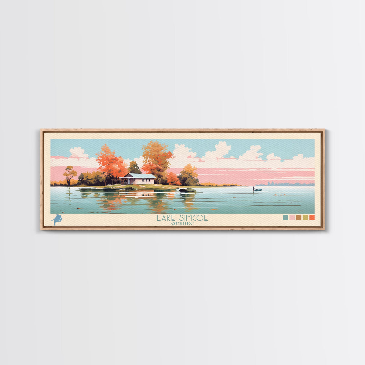 Lake Simcoe Quebec Framed Canvas Print, Panoramic Wall Art, Midcentury Modern, Pop Art, Bedroom Art, Travel Poster, Lake House Decor