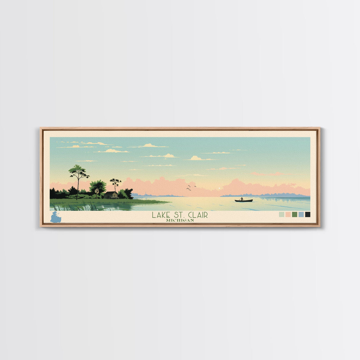 Lake St. Clair Michigan Framed Canvas Print, Panoramic Wall Art, Midcentury Modern, Pop Art, Bedroom Art, Travel Poster, Lake House Decor