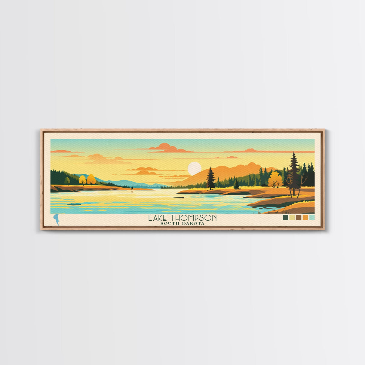 Lake Thompson South Dakota Framed Canvas Print, Panoramic Wall Art, Midcentury Modern, Pop Art, Bedroom Art, Travel Poster, Lake House Decor