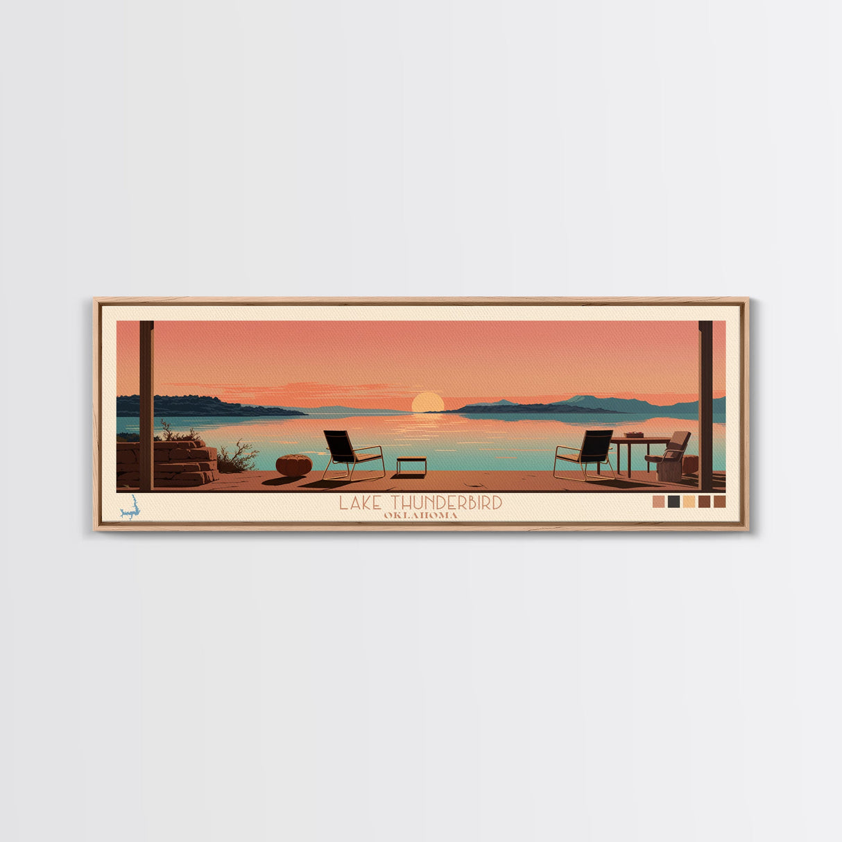 Lake Thunderbird Oklahoma Framed Canvas Print, Panoramic Wall Art, Midcentury Modern, Pop Art, Living Room Decor, Travel Poster, Lake House Art