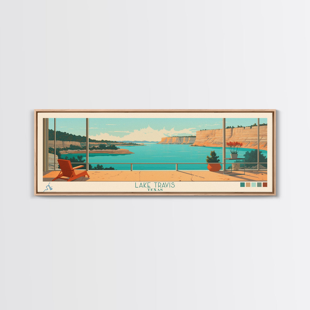 Lake Travis Texas Framed Canvas Print, Panoramic Wall Art, Midcentury Modern, Pop Art, Living Room Decor, Travel Poster, Lake House Art