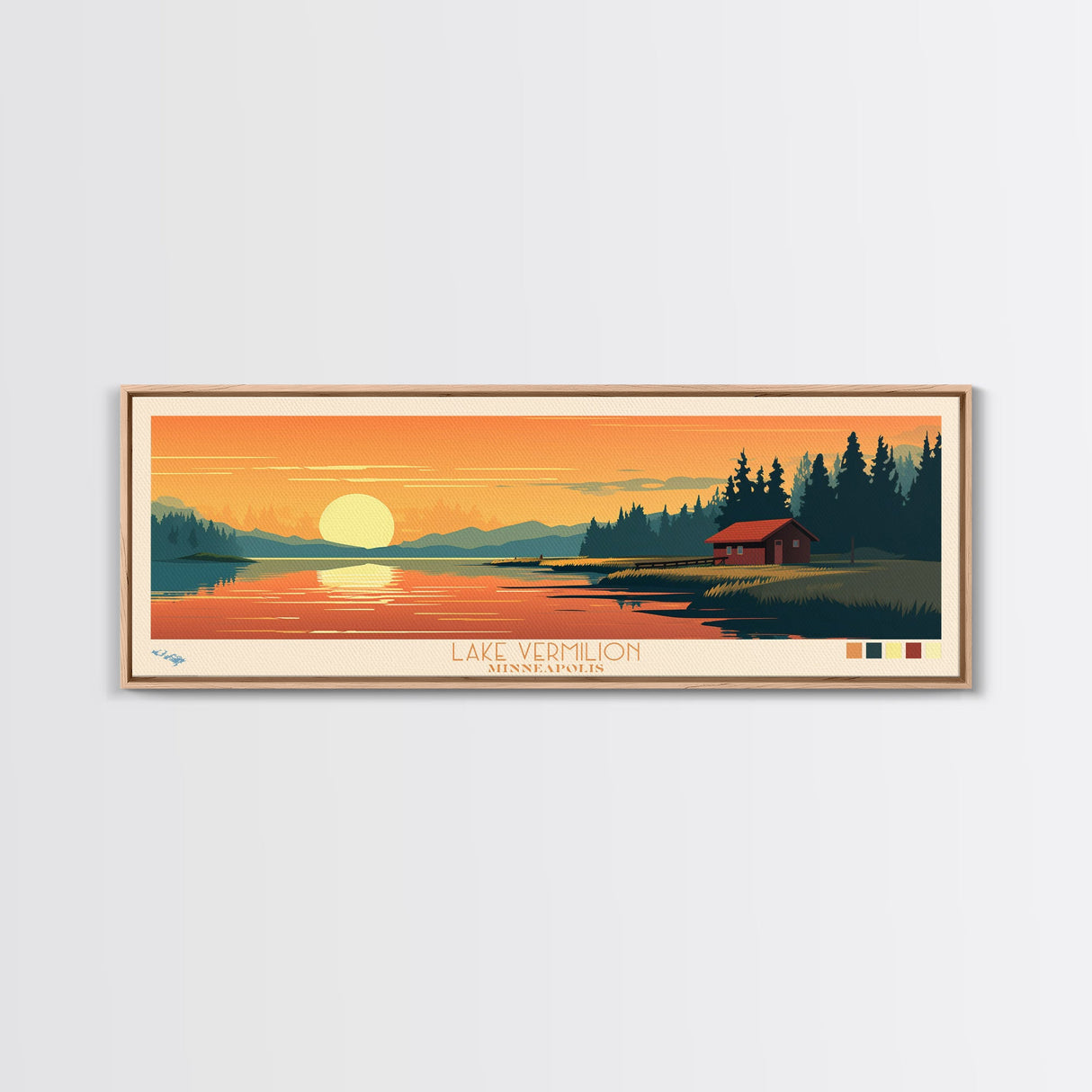 Lake Vermilion, Minneapolis Panoramic Wall Art Framed Canvas Print, Midcentury Modern, Pop Art, Home Decor, Travel Poster, Bedroom Art