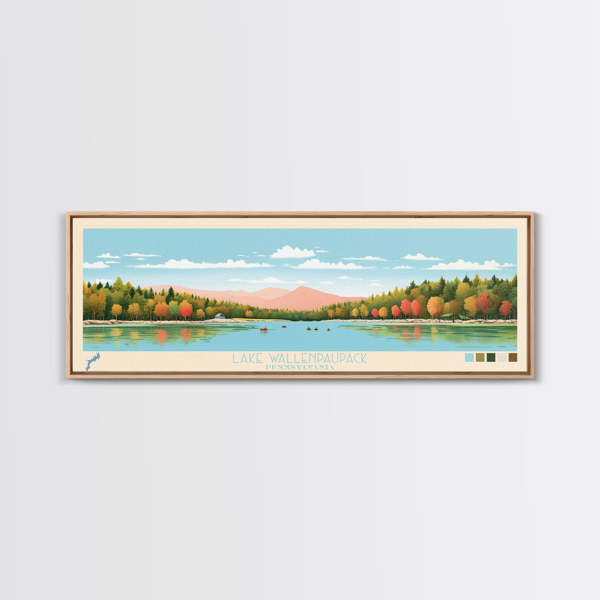 Lake Wallenpaupack, Pennsylvania Panoramic Wall Art Framed Canvas Print, Midcentury Modern, Pop Art, Home Decor, Travel Poster, Living Room Art