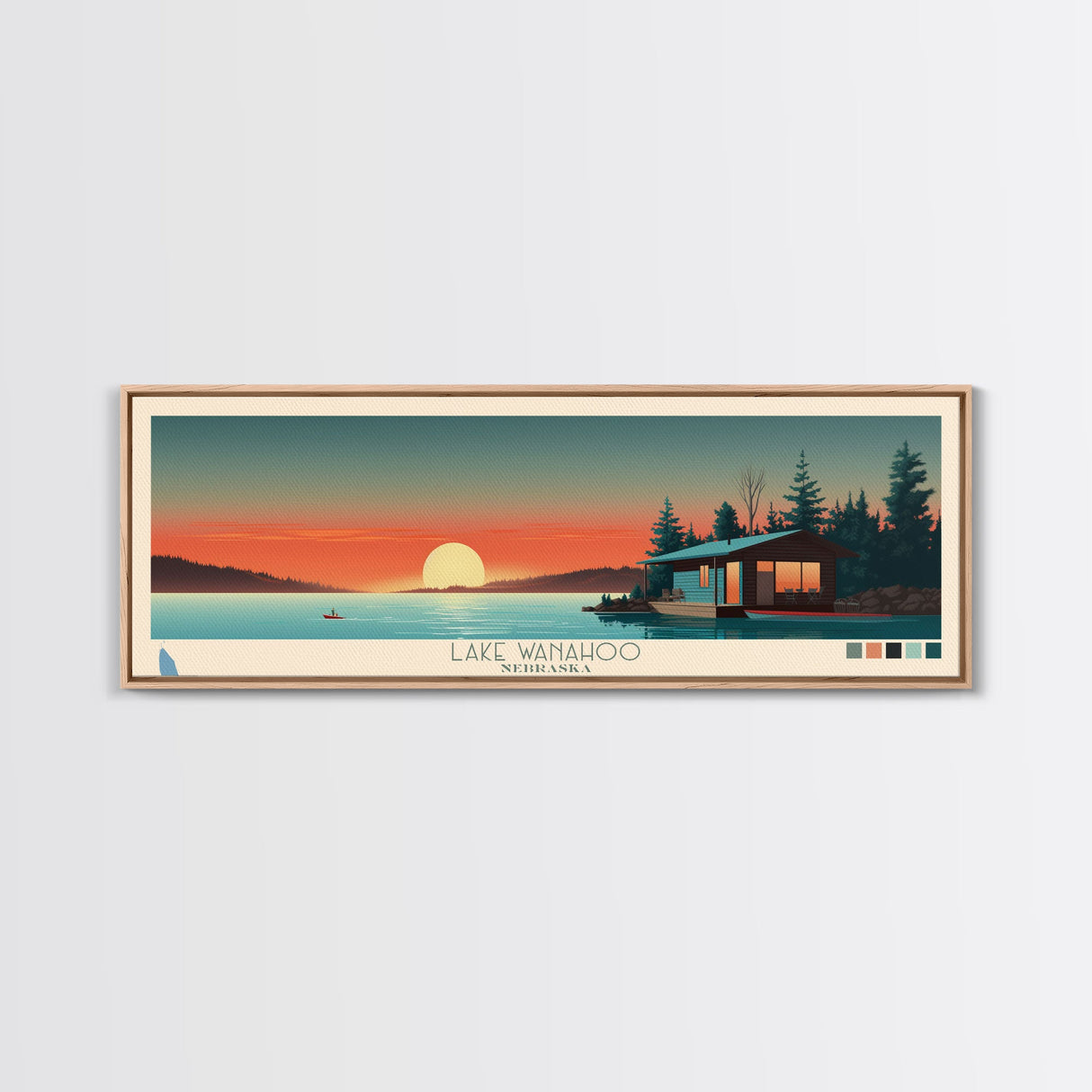 Lake Wanahoo, Nebraska Panoramic Wall Art Framed Canvas Print, Midcentury Modern, Pop Art, Home Decor, Travel Poster, Bedroom Art