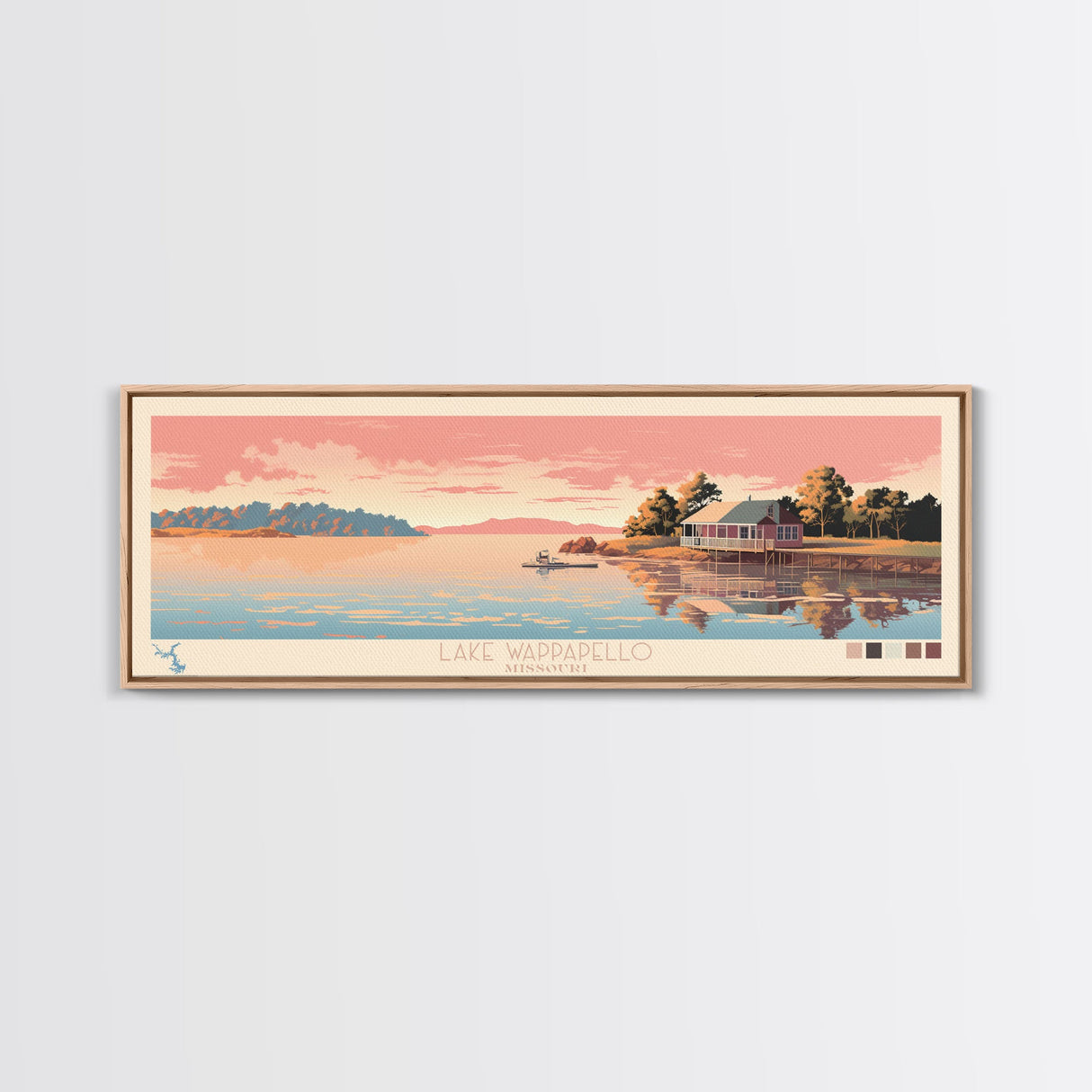 Lake Wappapello, Missouri Panoramic Wall Art Framed Canvas Print, Midcentury Modern, Pop Art, Home Decor, Travel Poster, Bedroom Art